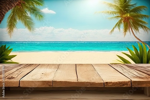 Empty Wooden Table Display with Tropical Summer Beach Background (Created with Generative AI)
