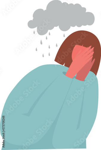 Unhappy sad girl with bad mood, suffering from grief, soul hurt, offense, sorrow and other negative psychological states and problems. Colored flat vector illustration isolated on white