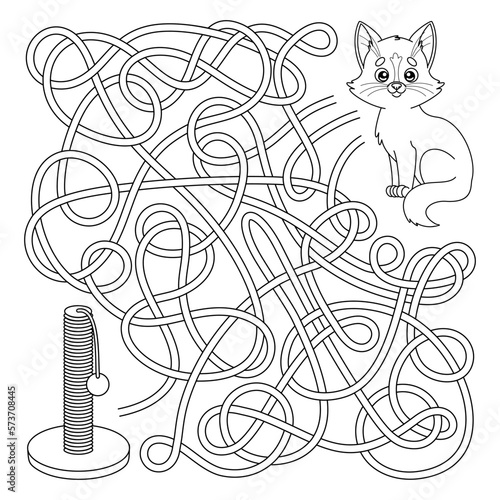 Labyrinth game for children. Maze puzzle for preschool and school kids. Help cute kitten find the right path to cat scratcher post. Coloring page outline of cartoon cat. Vector illustration.