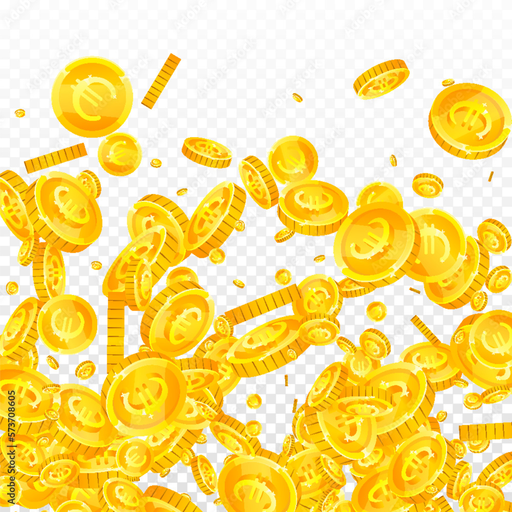 European Union Euro coins falling. Scattered gold EUR coins. Europe money. Jackpot wealth or success concept. Square vector illustration.