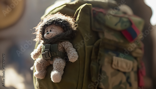 a Plush Toy Adorning a Soldier's Backpack During Active Duty in a War Zone. Emotional Resilience in the Face of Adversity. digital ai art

