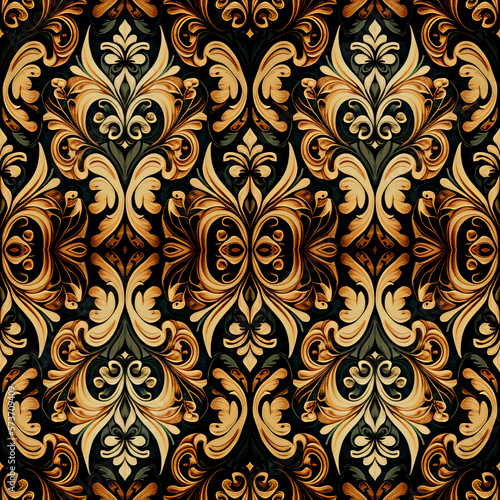 Ancient Damask style seamless pattern. Elegant luxury background with leaves, floral shapes, repeating elements. Baroque floral old fashioned seamless wallpapers. Created with generative AI tools