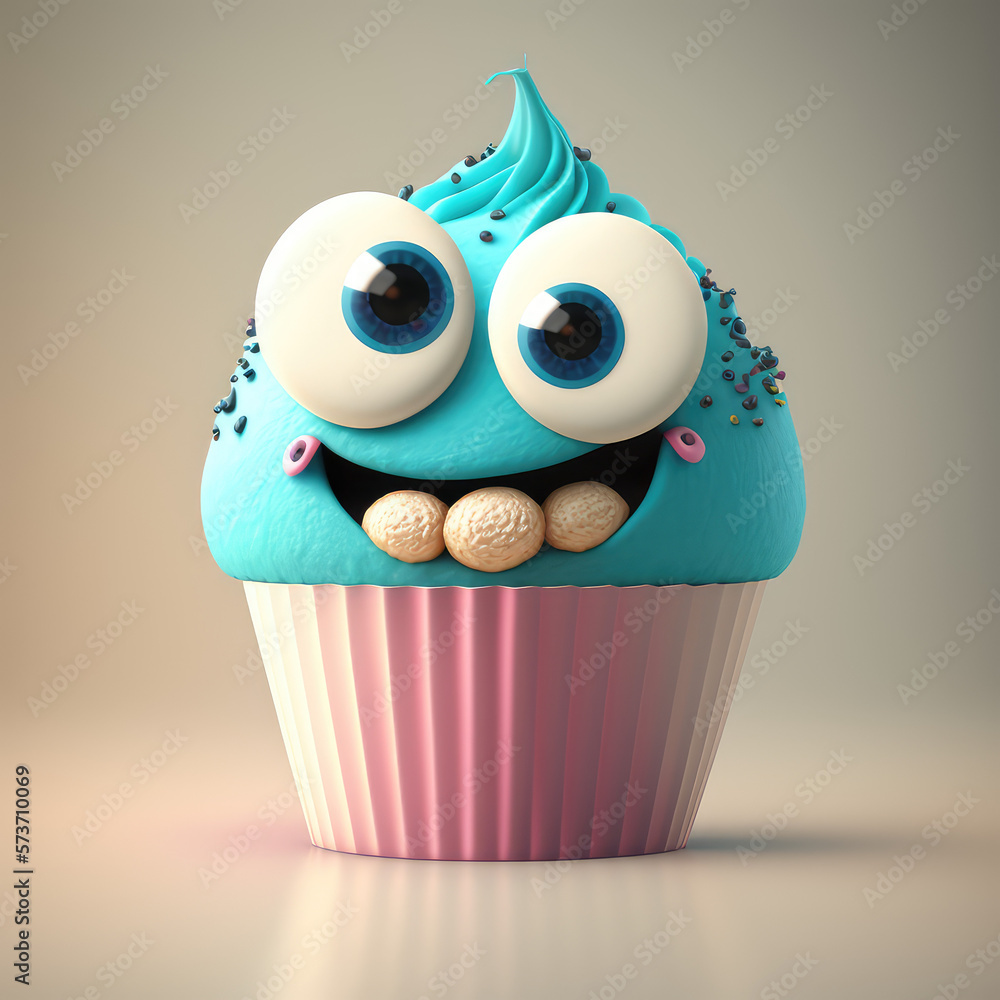 3d cartoon cupcake character. Sweet dessert with big eyes isolated on ...