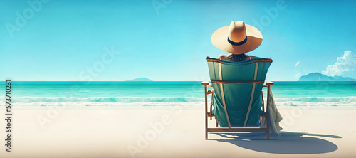 Woman enjoying sunbathing on the beach sitting in chair (Generative AI) © senadesign