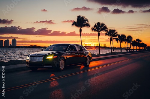 Super Stretch Limo At Dusk Cruising By Waterfront Generative AI © j@supervideoshop.com