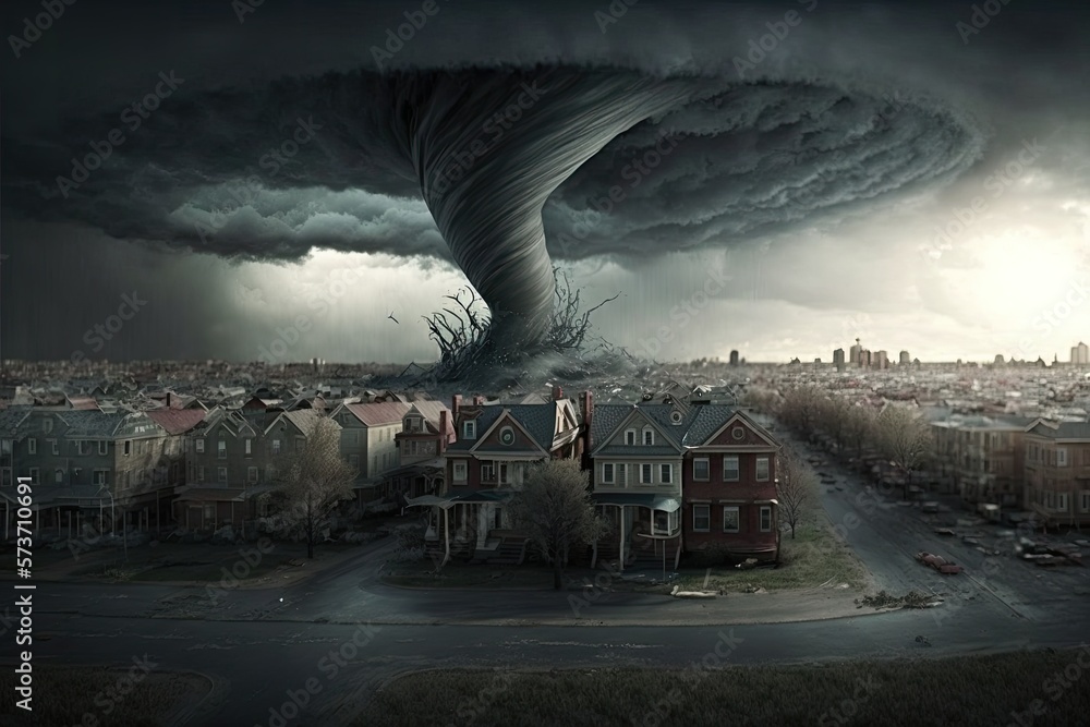 Illustration of a tornado striking a city - concept - Created with ...
