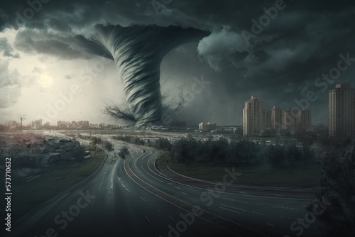 Illustration of a tornado striking a city - concept - Created with generative ai