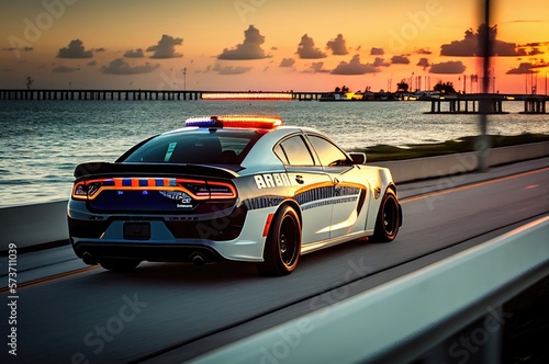 Squad Car In Pursuit By The Beach In The Evening Generative AI © Johnathan