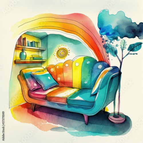 Colorful Imaginative Couch, Sofa, Living Room, Playroom Furniture, or Settee for Home, Psychedelic Therapy Couch, Watercolor Style  [AI Generative]