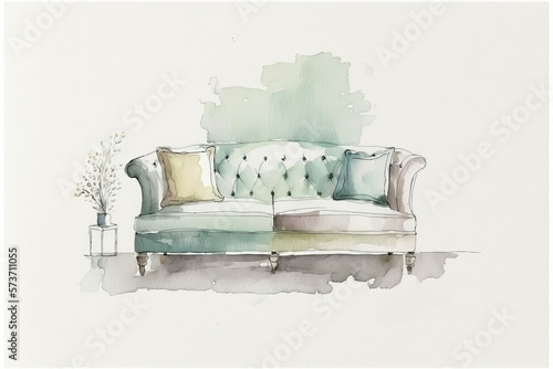 Pale Couch, Sofa, Living Room Furniture, or Settee for Home, Therapy Couch, Watercolor Style  [AI Generative]