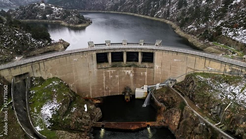 Panoramic drone view of The Grangent dam on the Loire river. Built between 1955 and 1957. Is located downstream of Aurec sur Loire in the surroundings of Saint-Etienne. photo