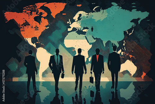 Group of business people standing in front of a world map, generative ai