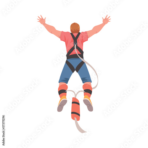 Bungee Jumping with Man Character Free Falling Down from Great Height Connected to Elastic Cord Vector Illustration