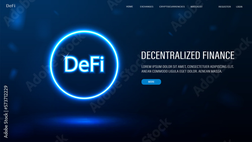 A web banner with a neon DeFi symbol for cryptocurrencies and blockchain with decentralized finance on a blue background.
