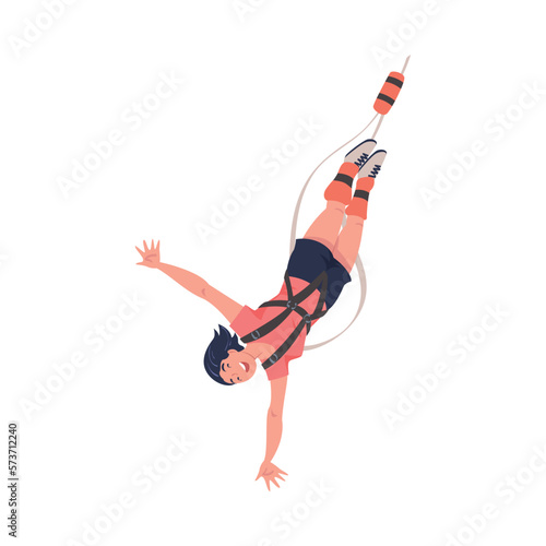 Bungee Jumping with Woman Character Free Falling Down from Great Height Connected to Elastic Cord Vector Illustration