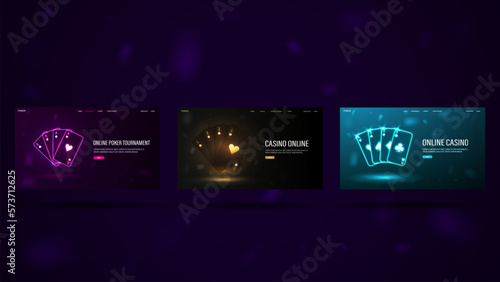 A set of web banners on the casino theme. Neon and Black and Gold poker cards