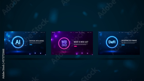 A set of web banners: AI, Web 3.0 and DeFi.