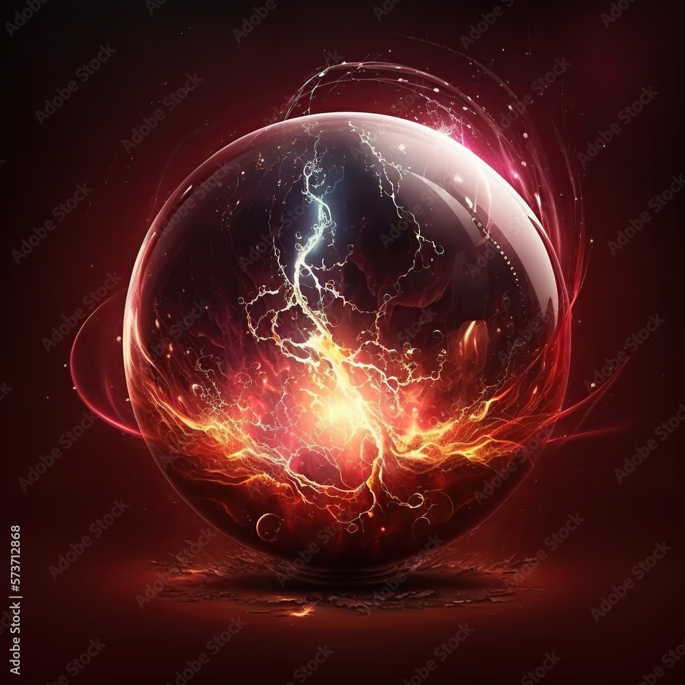 Magic sphere, energy ball with mystic glow, lightning and sparks.  Generative Ai art. Color glowing orb with light effect, liquid plasma and  fire. Fantasy shiny circle for game design Illustration Stock