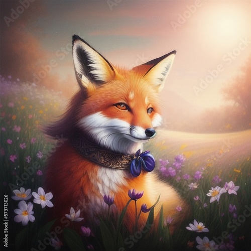 a painting of a fox in a field of flowers with the sun in the background and a sky with clouds, ai generated © lacrimastella