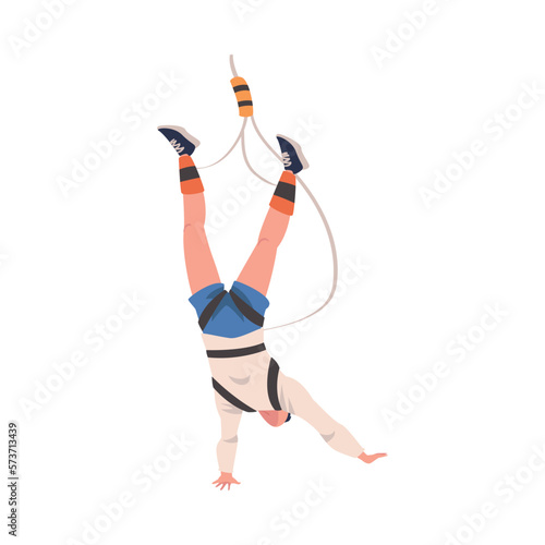 Bungee Jumping with Man Character Free Falling Down from Great Height Connected to Elastic Cord Vector Illustration