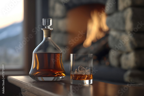 Decanter and two glasses of whiskey on the table in a chalet in the mountains. Generative AI.	 photo