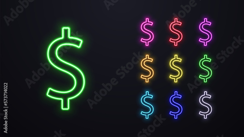 A set of neon dollar icons in different colors. Logos of the US dollar currency for casinos.