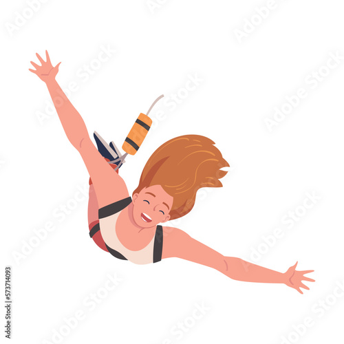 Bungee Jumping with Woman Character Free Falling Down from Great Height Connected to Elastic Cord Vector Illustration