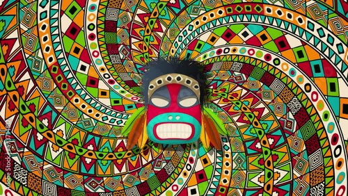 Tribal mask over a rotating spiral background, loop animation