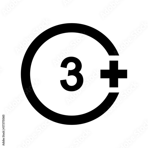 Three plus sign. Number 3 in circle isolated on white background. Age censor symbol. Kids suitable medicine sign. Movie viewing age limit label. Vector graphic illustration