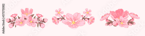 Cherry blossom bunch bouquet frame border corner flat set. Floral spring pink sakura flower delicate element design card invitation gift love holiday decor sticker japan china style seasonal isolated