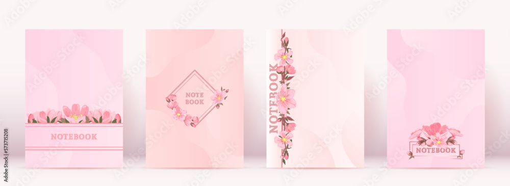 Floral cover notebook cherry blossom pink flat set. Vintage card wrap design journal notebook copybook cute floral envelope bouquet effect silk paper beauty flyer gift valentine women day isolated