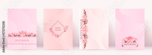 Floral cover notebook cherry blossom pink flat set. Vintage card wrap design journal notebook copybook cute floral envelope bouquet effect silk paper beauty flyer gift valentine women day isolated