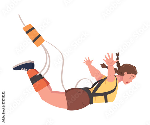 Bungee Jumping with Woman Character Free Falling Down from Great Height Connected to Elastic Cord Vector Illustration