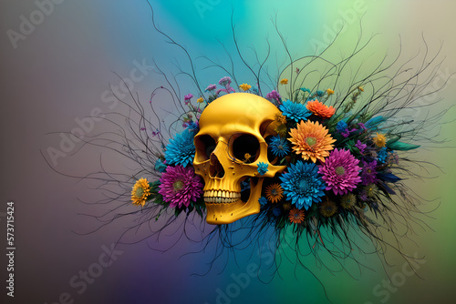 Dark fantasy design, painted human skull and lush bunch of flowers on colorful background, AI generated photo