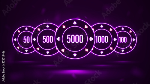 Neon set of poker chips on a purple background. Bright casino chips from 100 to 5000.