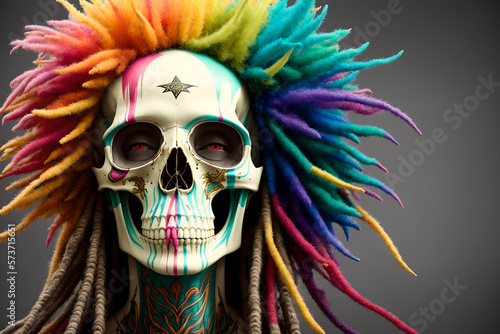 Painted human skull with colorful dreads, flowers and paint spashes, AI generated photo