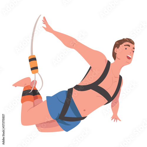 Bungee Jumping with Man Character Free Falling Down from Great Height Connected to Elastic Cord Vector Illustration