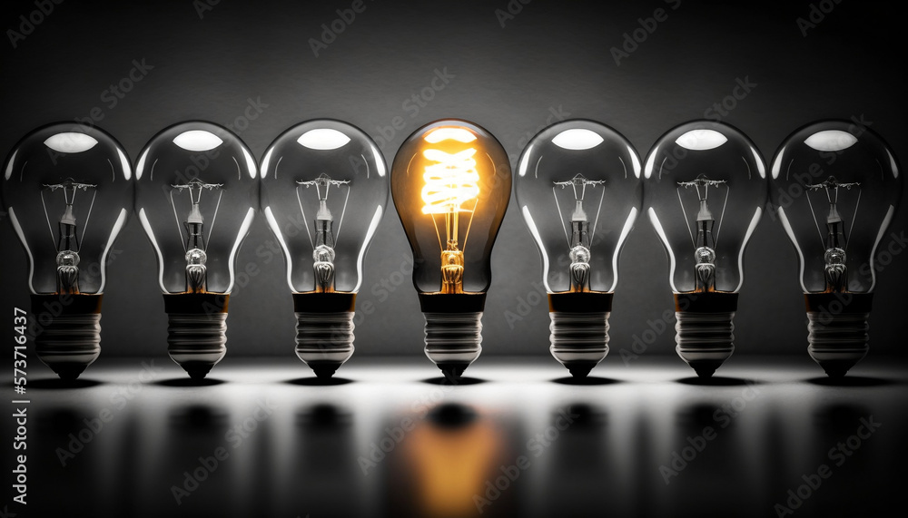 Single light bulb lit in a row generative ai Single light bulb lit in a row generative ai