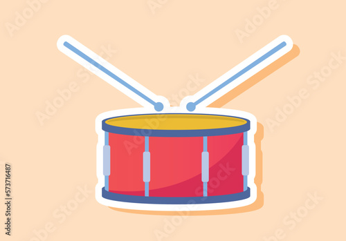 Musical drum sticker. Musical instrument for creating percussion and rhythm of song and melody. Creativity and art. Poster or banner for website. Cartoon flat vector illustration