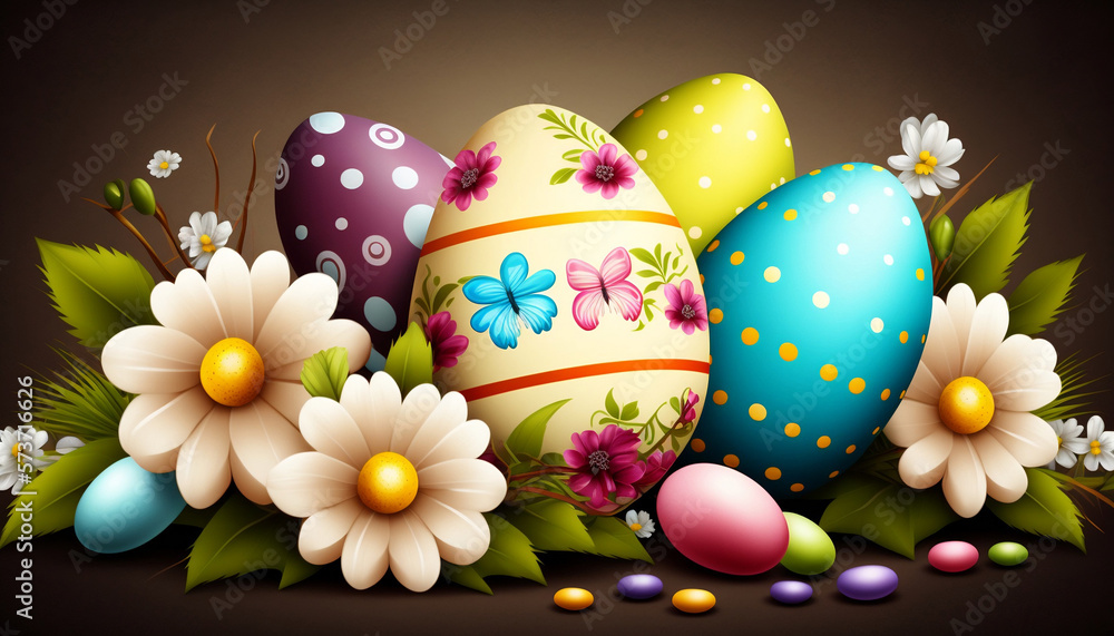 Illustration of easter eggs with flowers generative ai