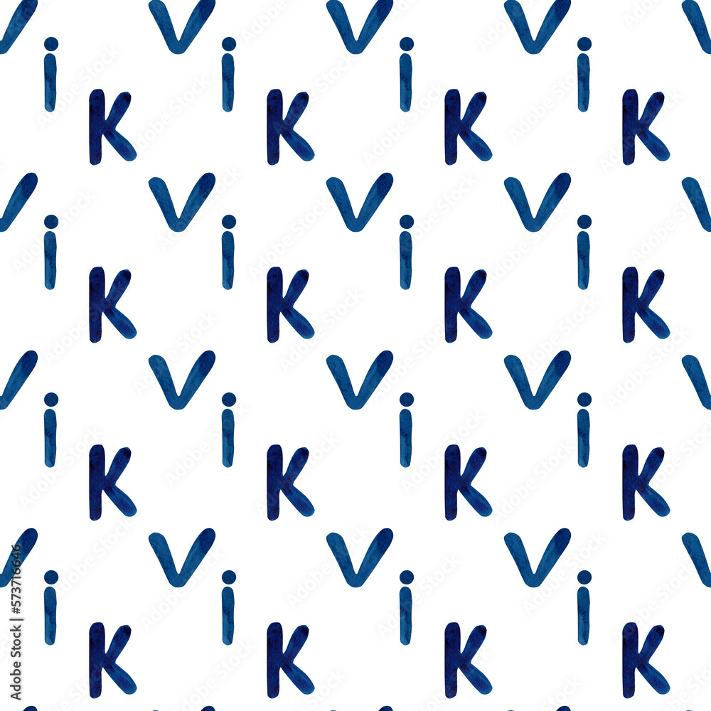 English letters K, L, I. Seamless watercolor pattern of blue letters in a chaotic pattern for your design English letters K, L, I. Seamless watercolor pattern of blue letters in a chaotic pattern for your design