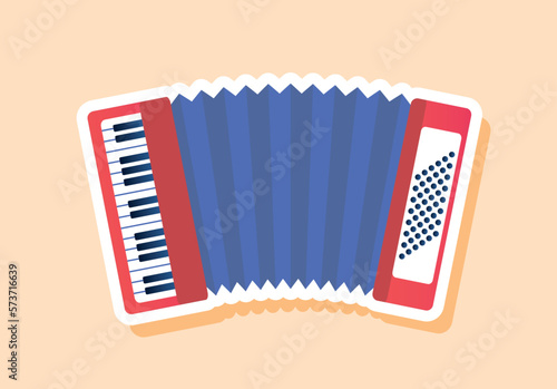 Musical accordion sticker. Melody keyboard instrument. Creativity and art. Sticker for social networks and messengers. Symphony and melody. Cartoon flat vector illustration