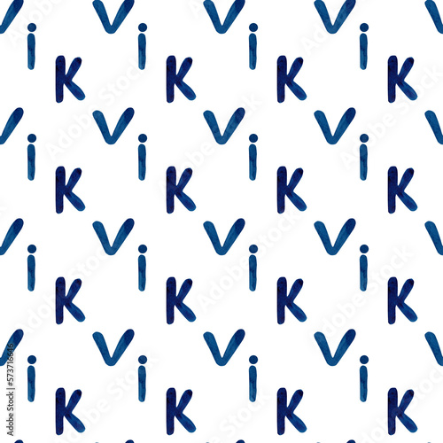 English letters K  L  I. Seamless watercolor pattern of blue letters in a chaotic pattern for your design