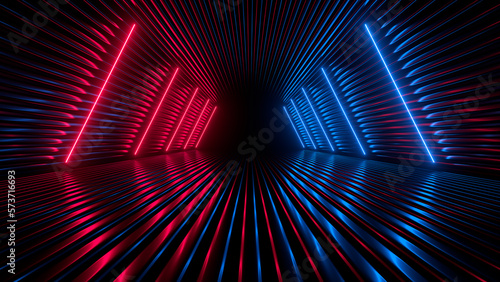 Fototapeta Naklejka Na Ścianę i Meble -  Sci Fy neon glowing lines in a dark tunnel. Reflections on the floor and ceiling. 3d rendering image. Abstract glowing lines. Techology futuristic background.