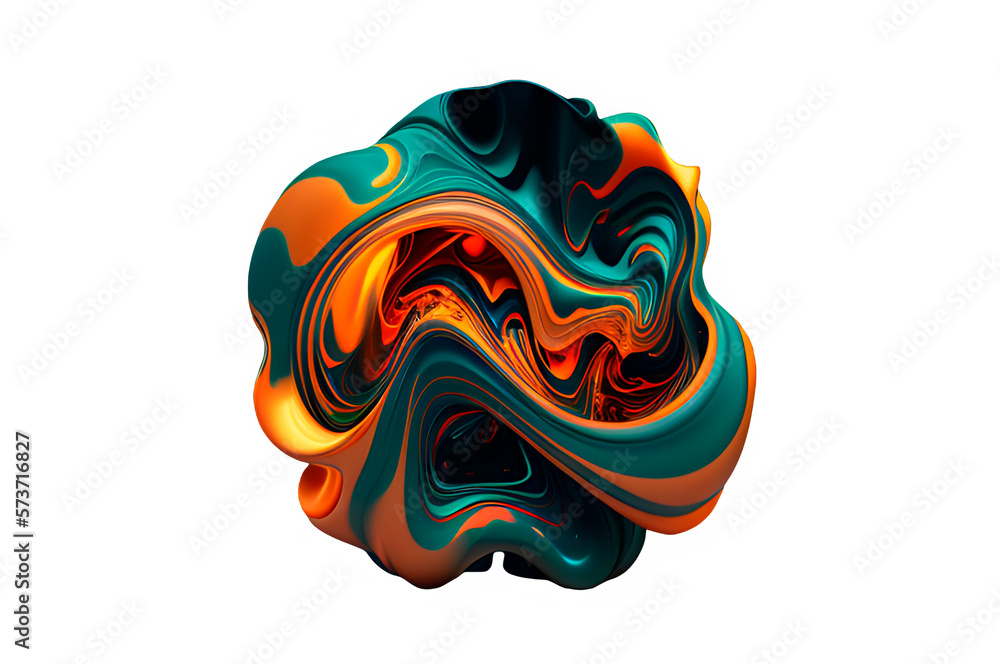 abstract shape in iridescent dense colors, bright and golden gamma, spirals, splash of a mixture of thick colors on a transparent background, 3d render, generative ai