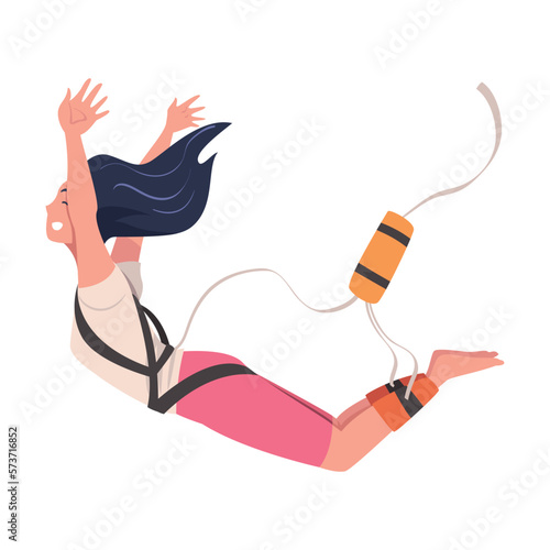 Bungee Jumping with Woman Character Free Falling Down from Great Height Connected to Elastic Cord Vector Illustration