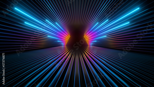 Fototapeta Naklejka Na Ścianę i Meble -  Sci Fy neon glowing lines in a dark tunnel. Reflections on the floor and ceiling. 3d rendering image. Abstract glowing lines. Techology futuristic background.