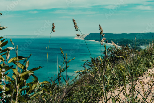 View of Lake Michigan at Sleeping Bear Dunes National Lakeshore from Empire Bluff Overlook in Honor, Michigan.