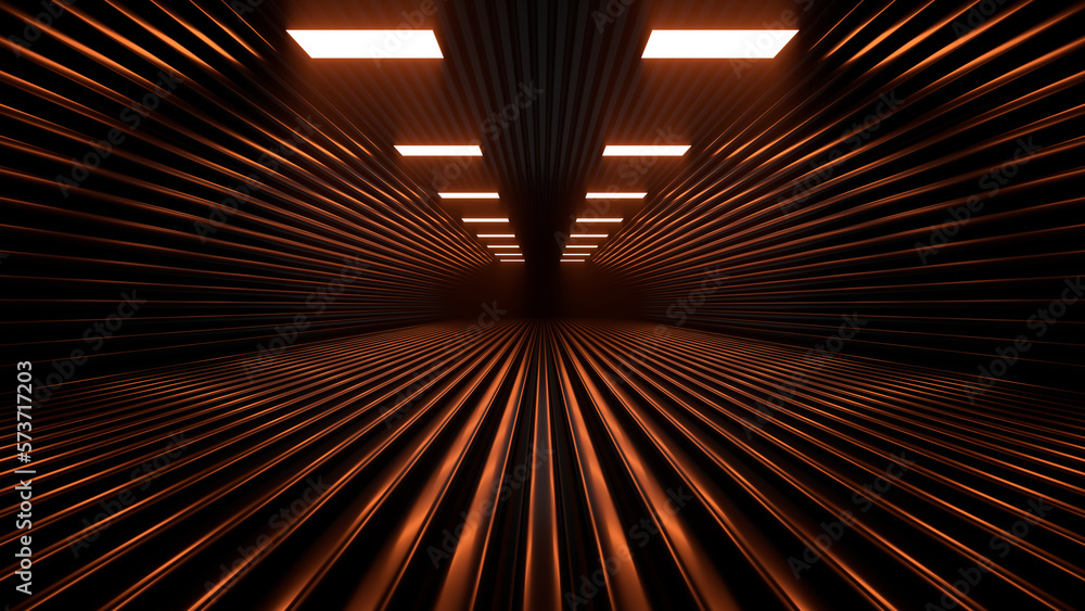 Sci Fy neon glowing lines in a dark tunnel. Reflections on the floor and ceiling. 3d rendering image. Abstract glowing lines. Techology futuristic background. Sci Fy neon glowing lines in a dark tunnel. Reflections on the floor and ceiling. 3d rendering image. Abstract glowing lines. Techology futuristic background.
