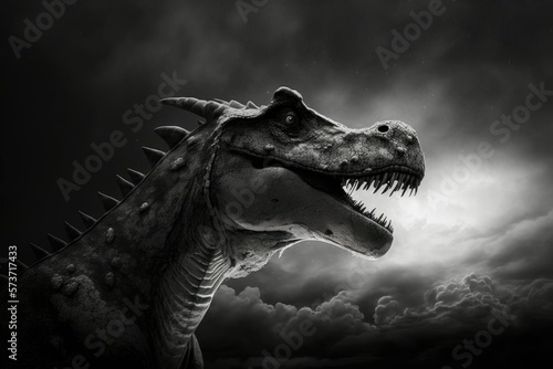 Among the Jurassic era's theropod carnivores, Ceratosaurus stood out due to the horns that grew from its snout and covered its eyes. On a ledge beneath the night sky. Generative AI